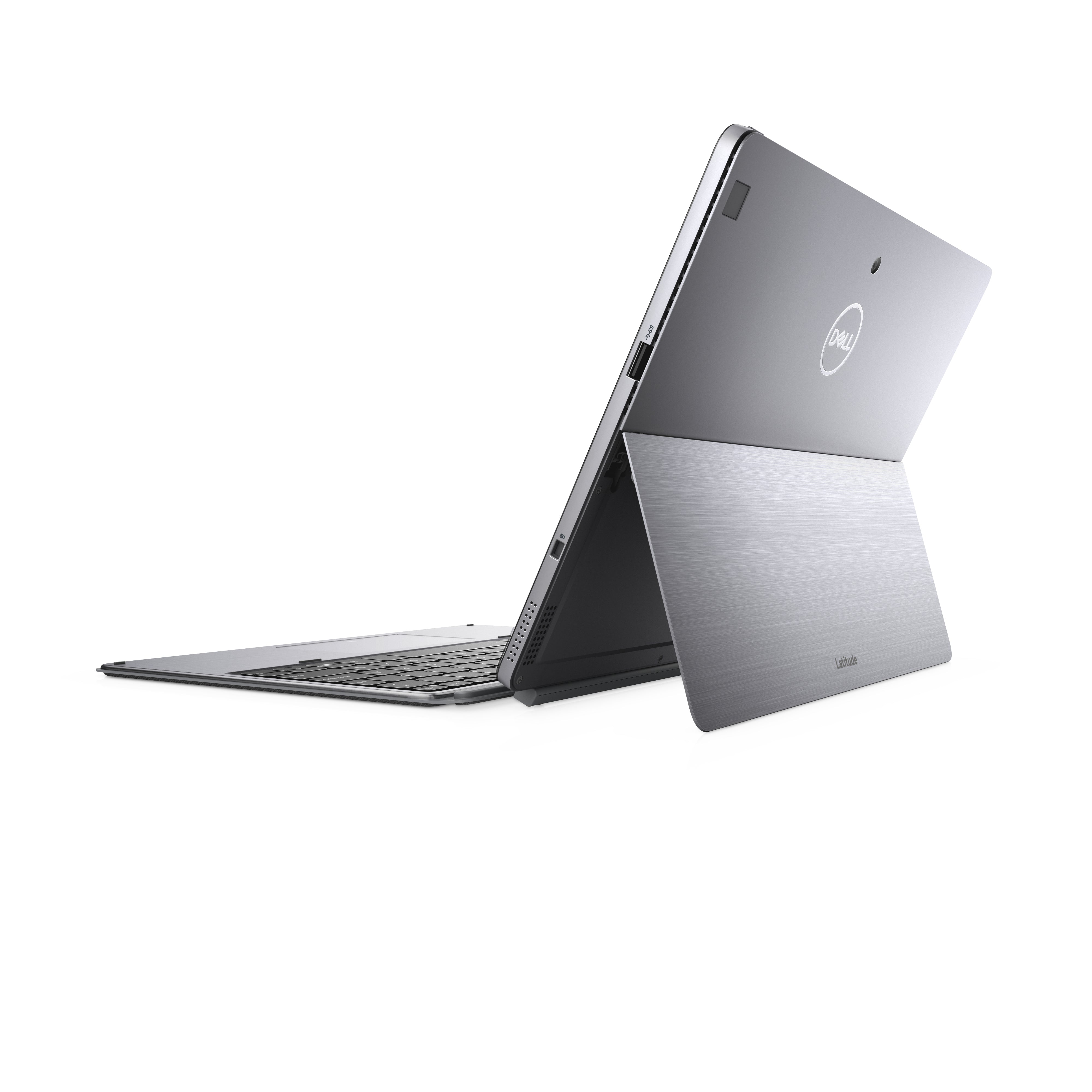 Vista posteriore laterale del DELL Latitude 7200 con tastiera collegata, mostra porte laterali e supporto regolabile. Vista posteriore laterale del DELL Latitude 7200 con tastiera collegata, mostra porte laterali e supporto regolabile.
